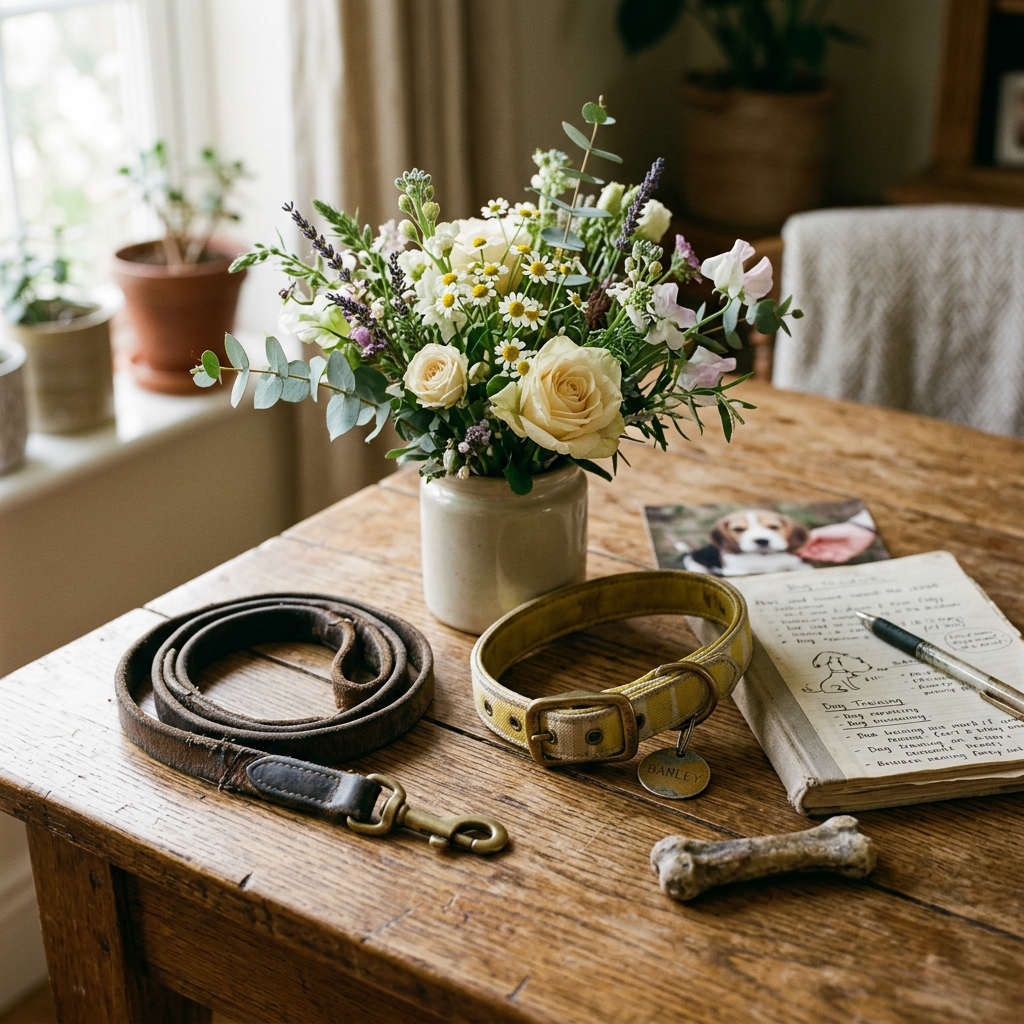 Bouquet beside dog collars, leash, bone, photo, and handwritten notes