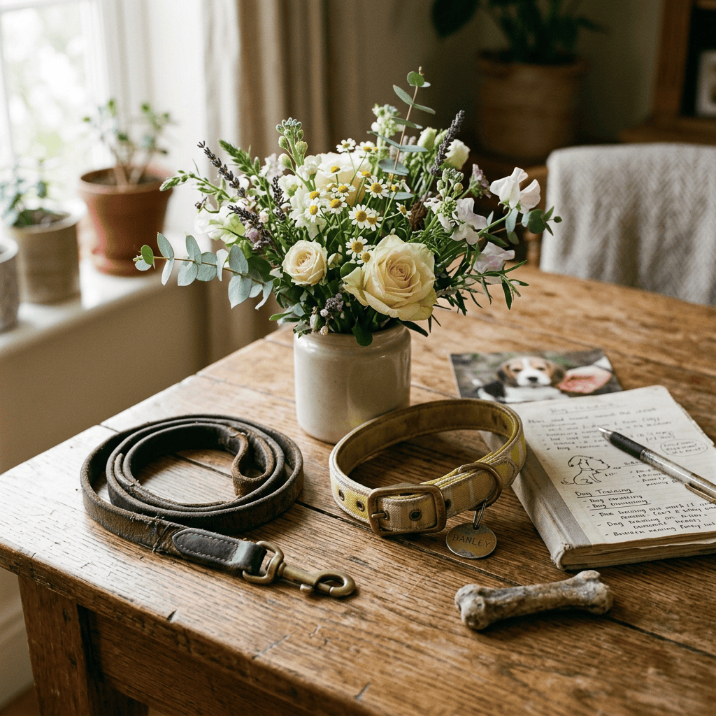 Bouquet beside dog collars, leash, bone, photo, and handwritten notes